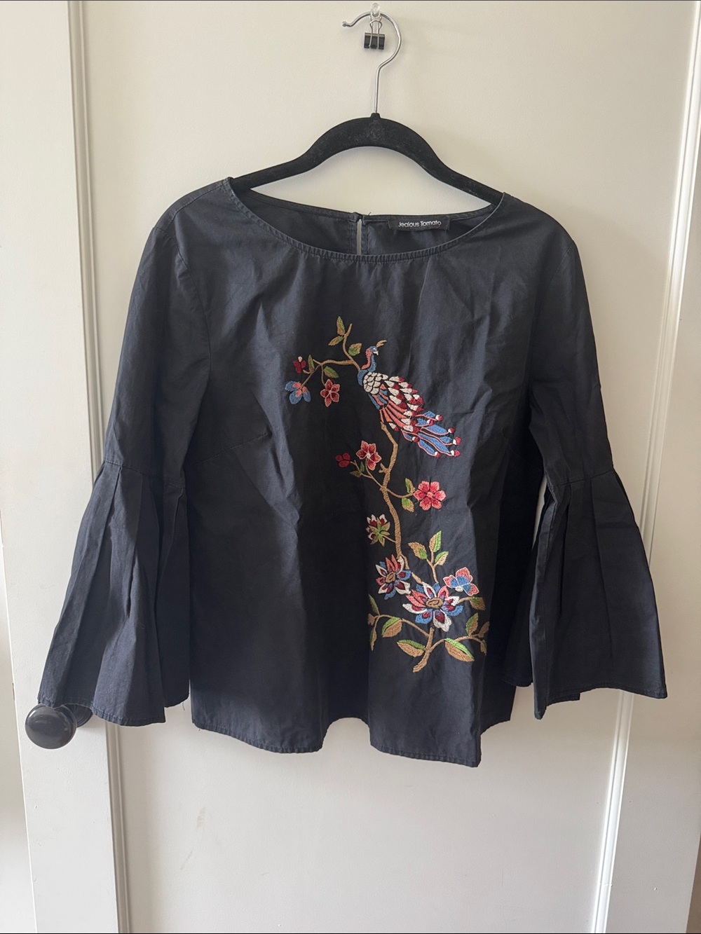 Jealous Tomato Black Bell-Sleeve Top with Multicolor Embroidered Peacock